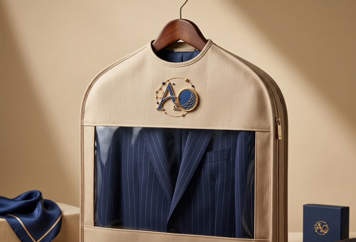 Precision-pressed navy blazer in a beige A&O garment cover with gold zipper