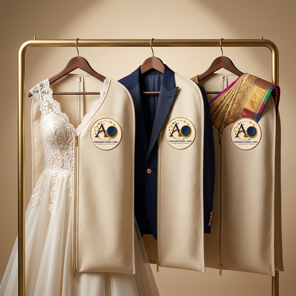 Garments in A&O premium covers on a brass rail
