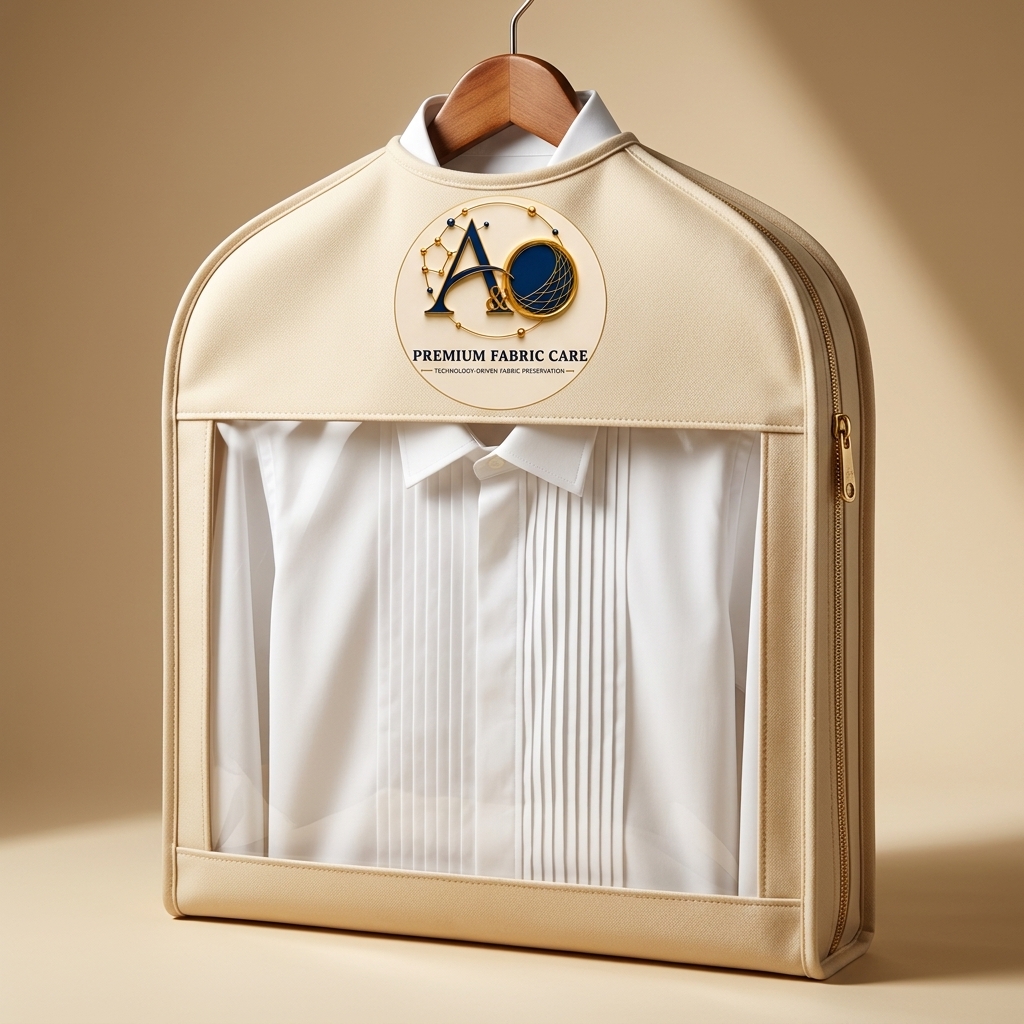 Crisp pressed shirt visible through the window of a beige A&O garment cover