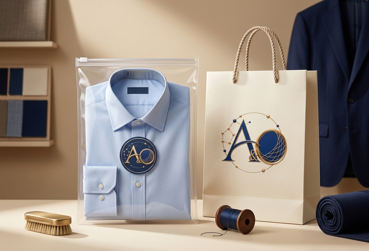 Folded formal shirt in a premium pouch sealed with the A&O brand sticker